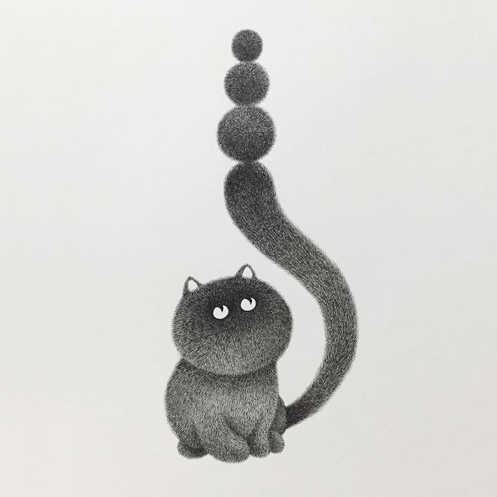gatos negros esponjosos dibujos a tinta kamwei fong cola de bola