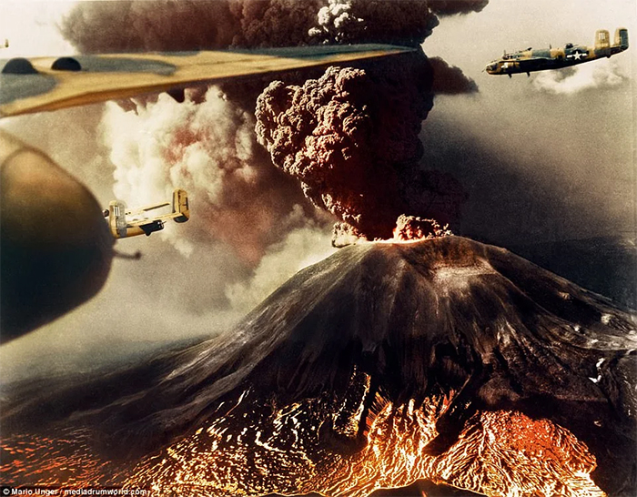 un volcán entra en erupción durante una batalla