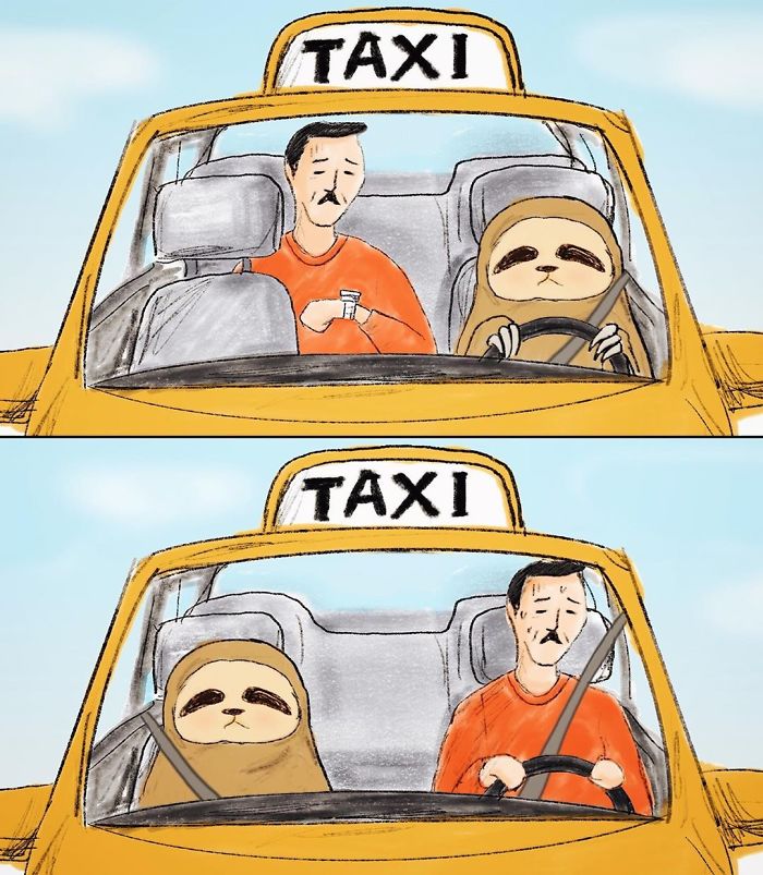Pereza conduciendo un taxi con un pasajero masculino