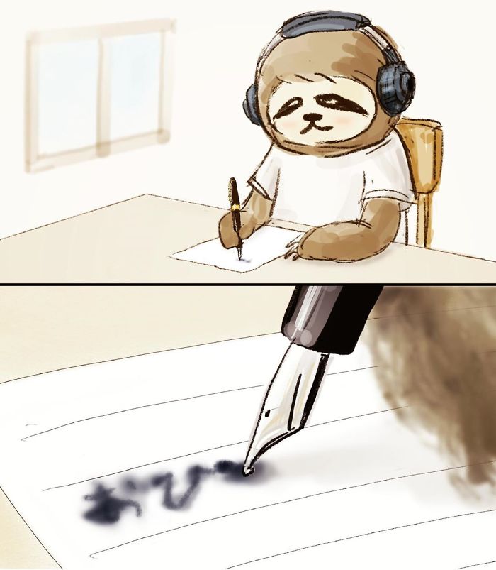 Pereza con auriculares mientras escribe en papel