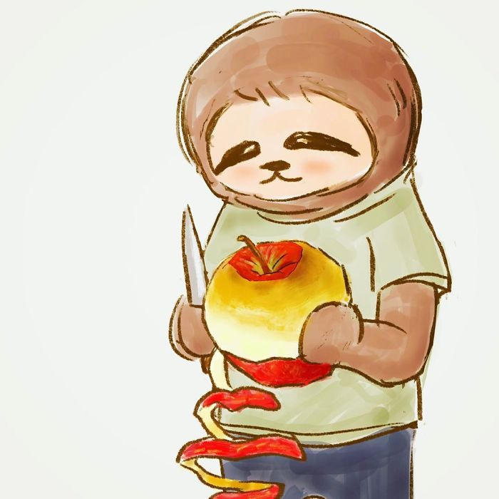 Pereza pelando una manzana con un cuchillo