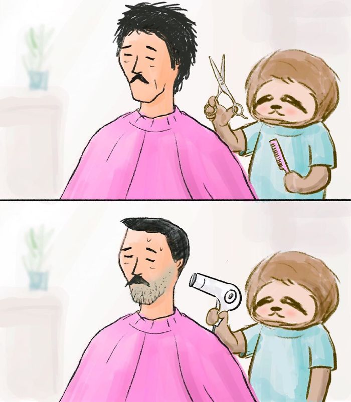 Pereza cortando el pelo del hombre