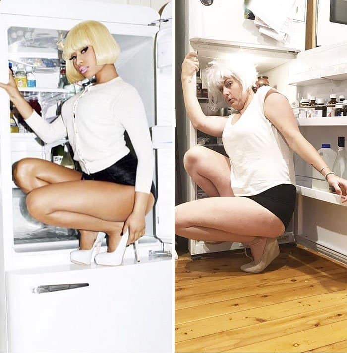 Comediante recrea hilarantemente fotos de celebridades en Instagram nicki en el refrigerador
