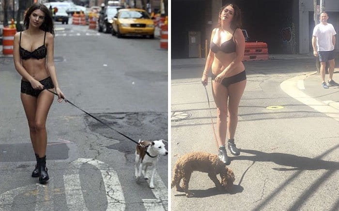 Comediante recrea hilarantemente fotos de celebridades en Instagram paseando a un perro debajo de la ropa