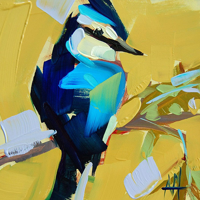 azul contra amarillo pinturas al óleo Angela Moulton pájaro arte