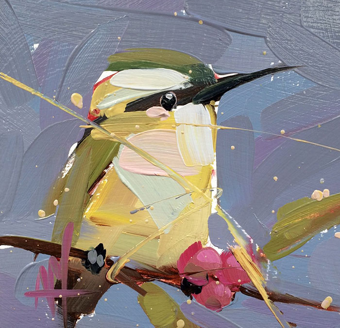 amarillo contra azul oscuro pinturas al óleo Angela Moulton pájaro arte