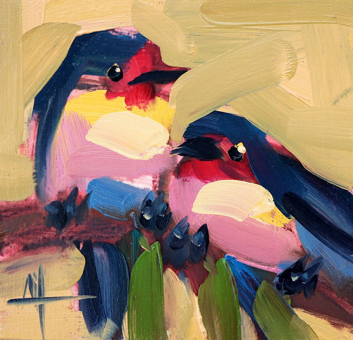 Angela Moulton dos pinturas al óleo de aves coloridas