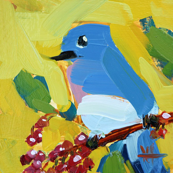 pájaro azul en amarillo pinturas al óleo Angela Moulton pájaro arte