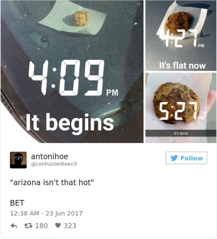 Imágenes de alta temperatura de Arizona Derritiendo cosas de galletas en un automóvil