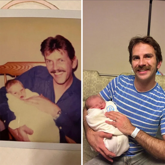 papá recreó la foto del hijo con el hijo recién nacido