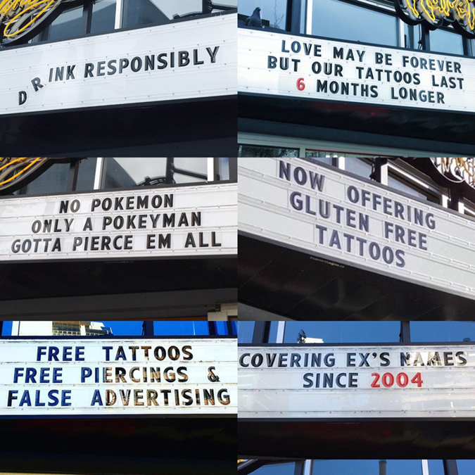 una tienda de tatuajes tiene carteles divertidos