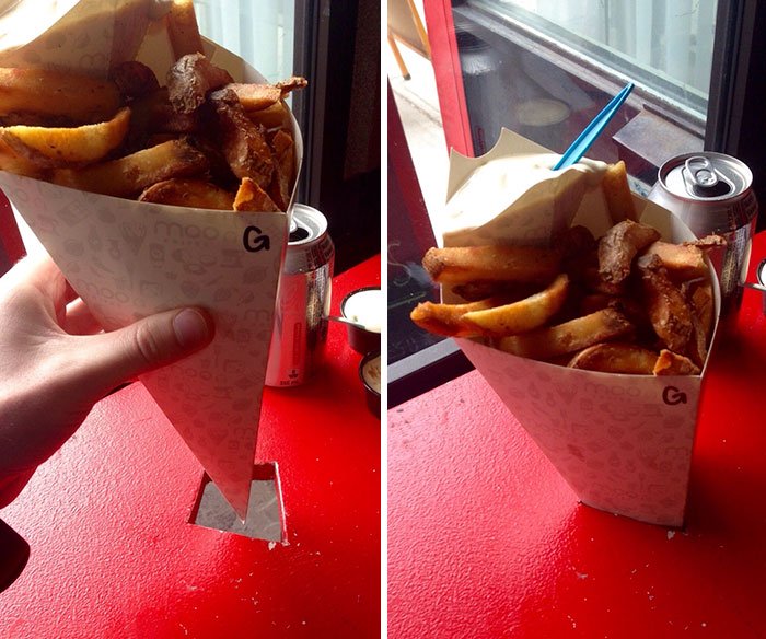 Mesa roja con agujero para guardar patatas fritas en cono de papel