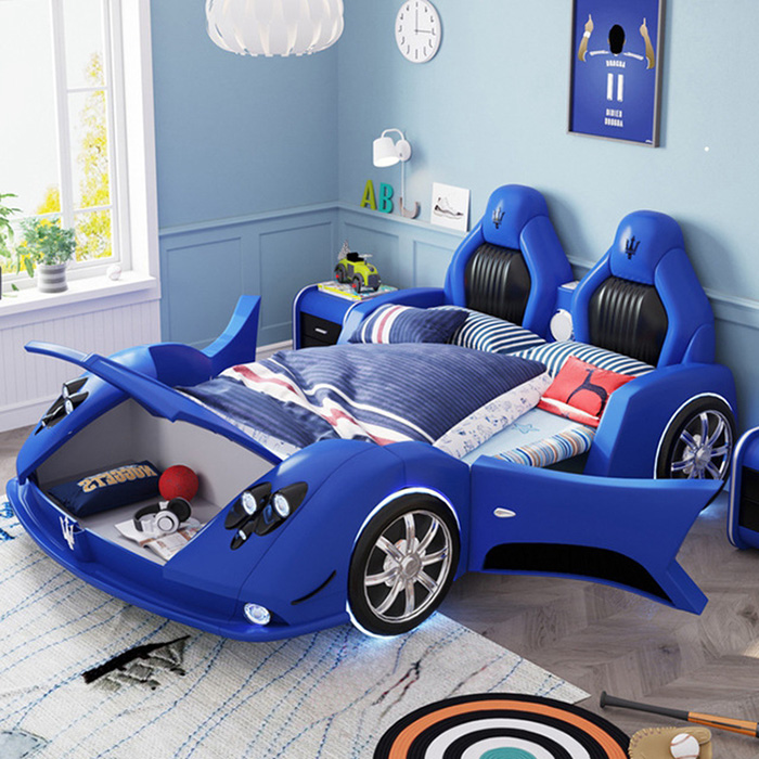 Cama de coche de carreras para adultos azul con almacenamiento en el capó