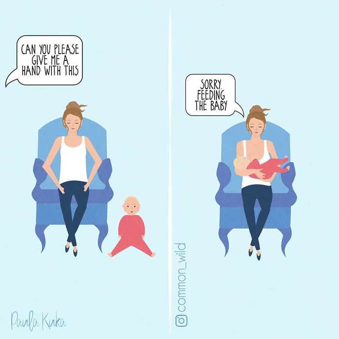 La madre usa la alimentación del bebé como una excusa para no ayudar con las ilustraciones del esposo