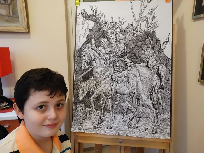 Dusan Krtolica, de diez años, con su dibujo de un caballero