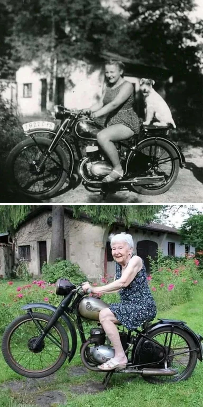 una mujer recreando una foto 71 años después