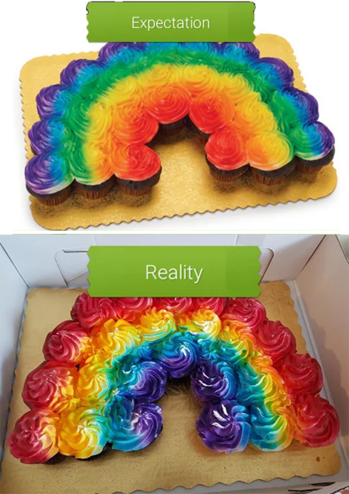superó la expectativa vs la realidad pastel de magdalenas arcoíris