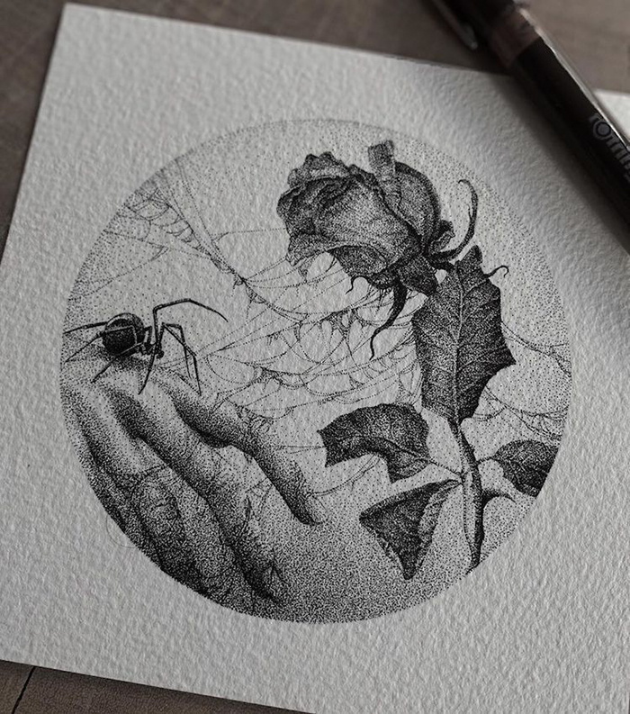 Ilustración de araña y rosa de Annita Maslov