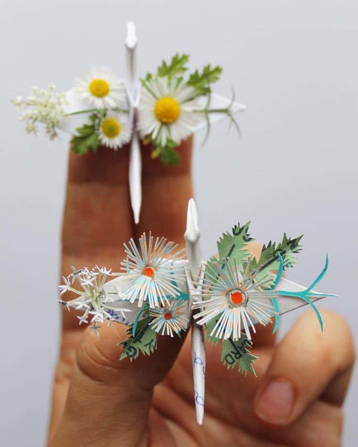 grulla de papel inspirada en flores